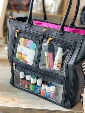 Black Clear-Pocket Tote Bag with Stripes Accents